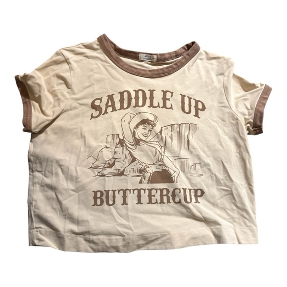 Ardene Tops - Kids Saddle Up Buttercup T-Shirt - Cream and Brown
